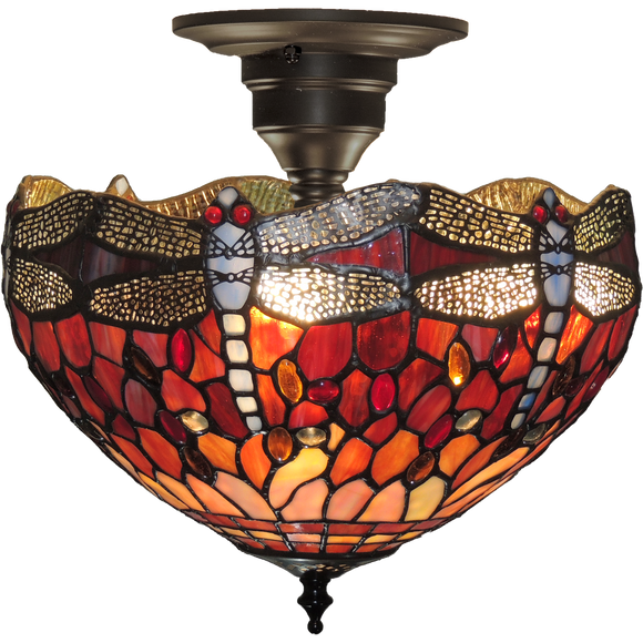 Red Dragonfly Small Semi-Flush Tiffany Ceiling Light